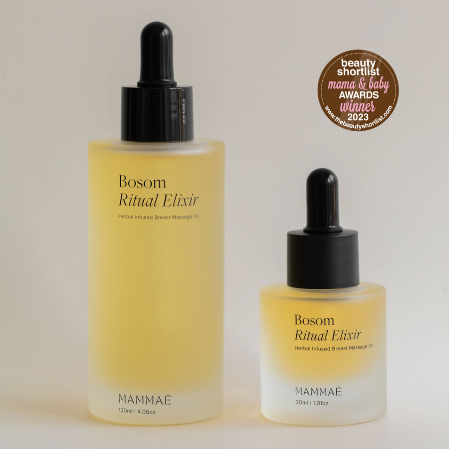 120ml bottle and 30ml bottle side by side of the Mammae Bosom Ritual™ Elixir, a lactation breast massage oil that reduces inflammation, prevents mastitis, relieves engorgement, supports breast pain and minimises blocked milk ducts in breastfeeding and pumping mothers. 