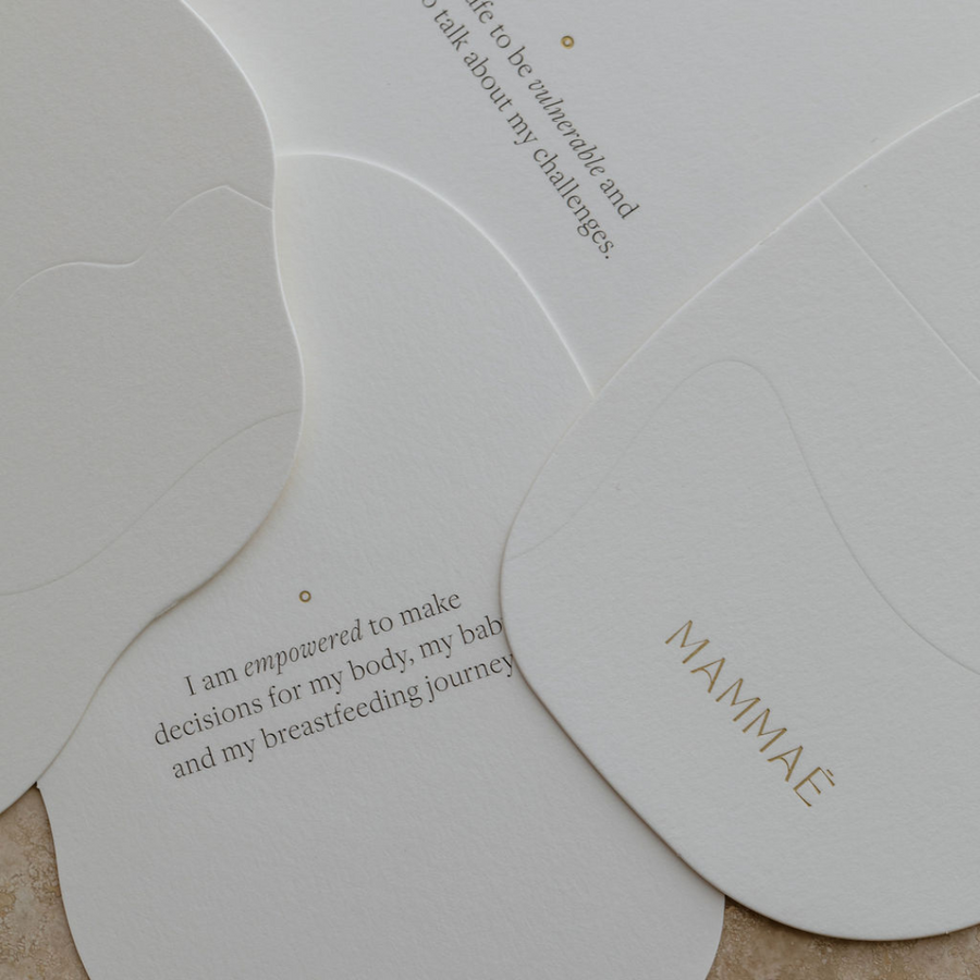 A set of Bosom Reflections Breastfeeding Affirmation Cards for pregnancy and breastfeeding with the word breastfeeding on them by Mammae The Embodied Mother. Designed to support mothers during their postpartum journey. A great Baby Shower gift Idea for an expecting mum-to-be.