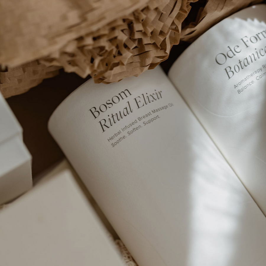 A breastfeeding packaging design titled Bosom Ritual™ Elixir by Mammae The Embodied Mother, focusing on postpartum and lactation breastfeeding and nursing support. 